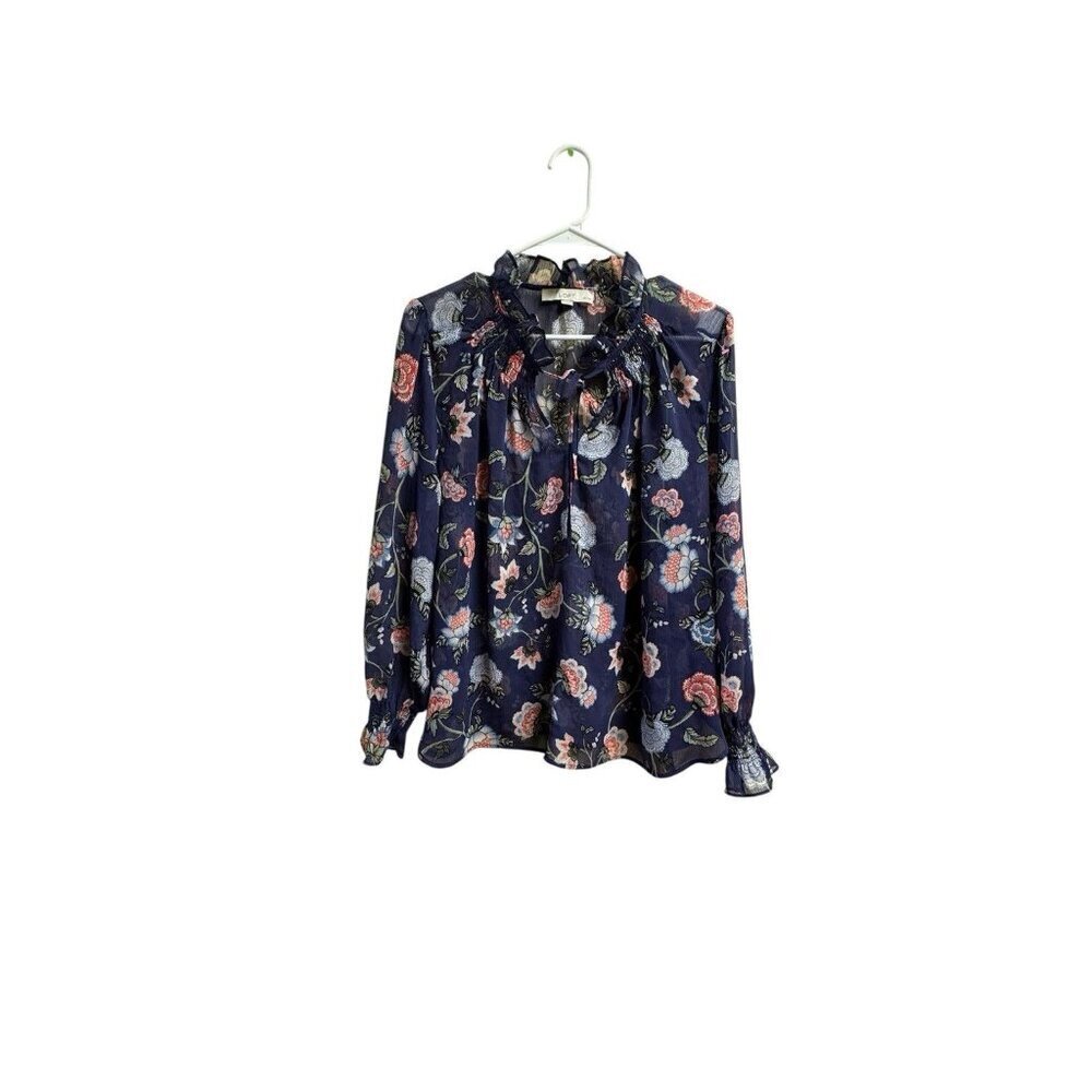 LOFT Petites XLP Sheer Floral Blouse Navy Ruffle Tie Neck